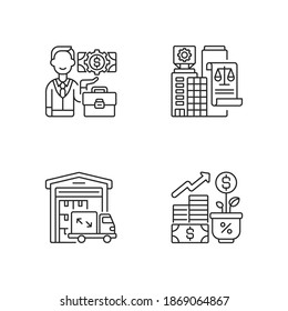 Commercial business linear icons set. Businessman, legal entity, warehouse and profit growth customizable thin line contour symbols. Isolated vector outline illustrations. Editable stroke