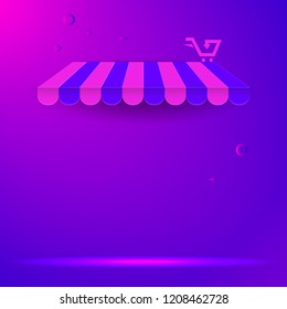 Commercial Canopy Awning Series. Vector Awning Template. Vibrant Gradient Vector Background. Abstract Magic Light, Supermarket Shopping Cart Icon. Ready Template for Poster, Banner, Advertising.