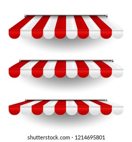 Commercial Canopy Awning Series. Vector Pop Up Store. Straight Striped Awnings with Shadows, Different Angles. Design Element for Poster, Banner, Advertising.