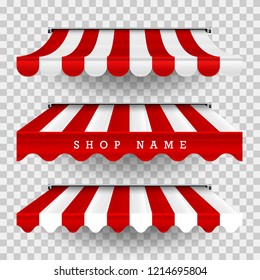 Commercial Canopy Awning Series. Vector Pop Up Store. Striped Awnings Of Different Shapes With Shadows On A Transparent Plaid Background. Design Element For Poster, Banner, Advertising.