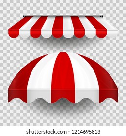 Commercial Canopy Awning Series. Vector Pop Up Store. Straight and Dome Striped Awnings with Shadows on a Transparent Plaid Background. Design Element for Poster, Banner, Advertising.