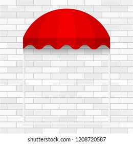 Commercial Canopy Awning Series. White Brick Vector Wall. Red Dome Awning Template. Shadow, Frame. Ready Template for Poster, Banner, Advertising.