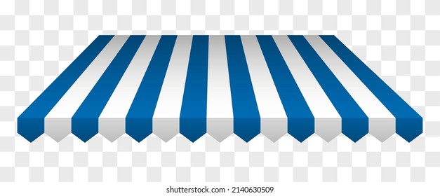 Commercial canopy awning for store. Tent with white and blue stripes for market, shop with shadows on transparent background. Vector Design element.