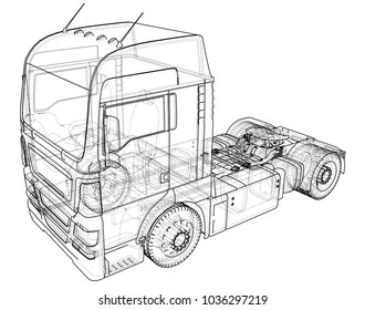 Commercial cargo delivery truck. Isolated. Created illustration of 3d. Wire-frame
