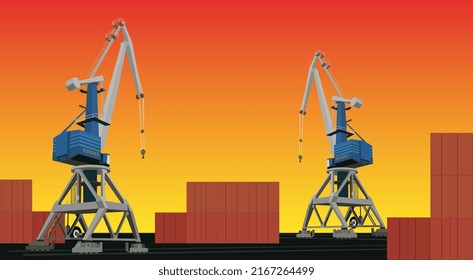 Commercial cargo port with cranes and containers on background sunset sky with copy space. Vector illustration.