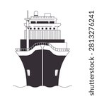 Commercial cargo ship front view 2D line object. Freighter sailing on water with stacked containers. Logistics vessel at sea isolated clipart vector outline item. Black and white spot illustration