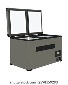 Commercial chest freezer with open glass doors and digital display on a white background