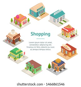 Commercial City Shops Signs 3d Banner Card Circle Isometric View Include of Coffee, Bakery, Book, Pharmacy and Flower. Vector illustration