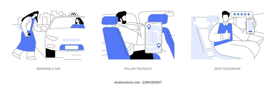 Commercial city transport abstract concept vector illustration set. Boarding taxi, follow the route, rate your driver, smartphone app, urban vehicle passenger, ride-hailing service abstract metaphor.