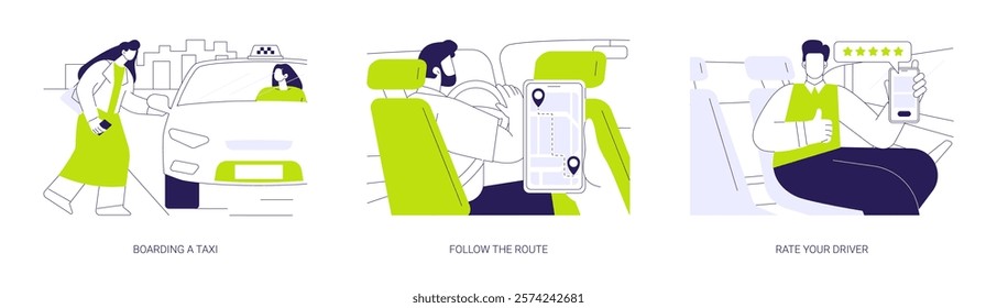 Commercial city transport abstract concept vector illustration set. Boarding taxi, follow the route, rate your driver, smartphone app, urban vehicle passenger, ride-hailing service abstract metaphor.