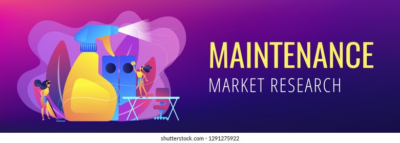 Commercial cleaning company janitors tidy up office with spray. Commercial cleaning, cleaning industry service, maintenance market resarch concept. Header or footer banner template with copy space.