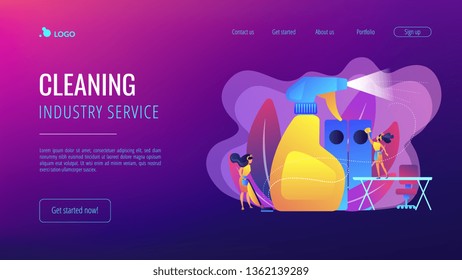 Commercial cleaning company janitors tidy up office with spray. Commercial cleaning, cleaning industry service, maintenance market resarch concept. Website vibrant violet landing web page template.