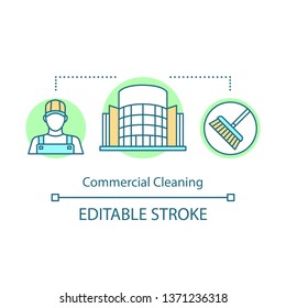 Commercial cleaning concept icon. Cleaning services idea thin line illustration. Janitorial service. Office cleanup. Dirt removal. Yard cleaning. Vector isolated outline drawing. Editable stroke