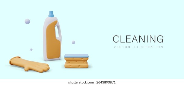 Commercial cleaning concept on blue background. Vector composition in 3D style. Advertising agency, company, business. Rubber glove, sponge, plastic bottle with bubbles