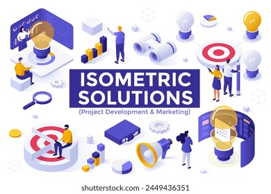 Commercial company team preparing to start new product. Project initiation and development set of isometric elements collection. Marketing strategy integration plan 3d vector illustrations