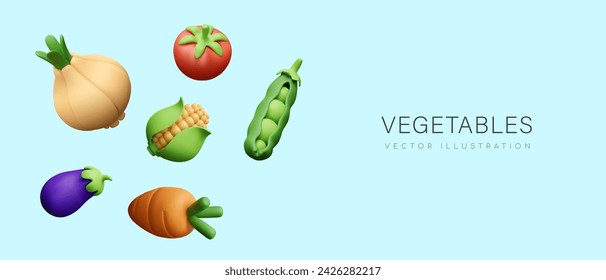 Commercial concept of fresh vegetables on blue background. 3D floating vector objects