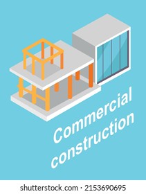 Commercial construction, layout poster, 3d model of modern building with big windows, house carcass, vector illustration, white text sample
