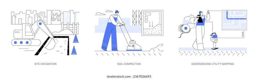 Commercial construction process abstract concept vector illustration set. Site excavation, rammer tool soil compaction, underground utility mapping, digital representation abstract metaphor.