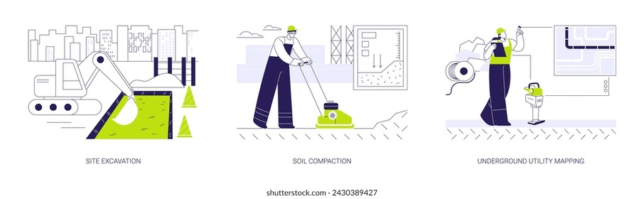 Commercial construction process abstract concept vector illustration set. Site excavation, rammer tool soil compaction, underground utility mapping, digital representation abstract metaphor.