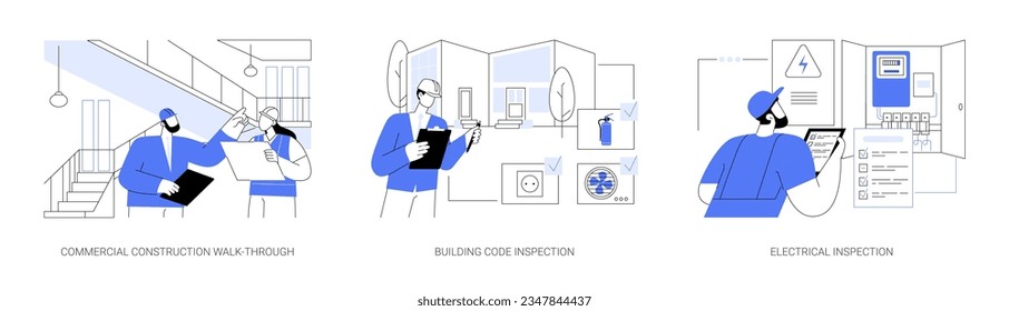 Commercial construction progress inspection abstract concept vector illustration set. Commercial construction walk-through, building code and electrical inspection, writing a report abstract metaphor.