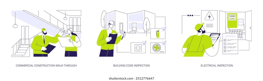 Conjunto de Ilustración vectorial de concepto abstracto de inspección de progreso de construcción comercial. Tutorial de construcción comercial, código de construcción e inspección eléctrica, escribiendo un informe de metáfora abstracta.