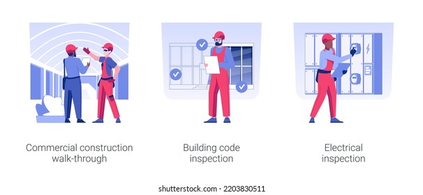 Inspección del progreso de la construcción comercial conjunto aislado de ilustraciones vectoriales de concepto. Caminata de construcción comercial, código de construcción e inspección eléctrica, escribiendo un reportaje de caricatura vectorial.