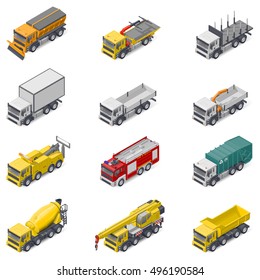 Commercial, construction, and service trucks isometric icon set vector graphic illustration design
