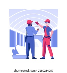 Commercial construction walk-through isolated concept vector illustration. Building inspector walks through a commercial construction site with contractor, development progress vector concept.