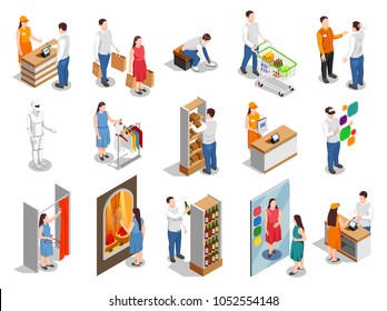 Commercial Consumers During Fitting Of Clothing, Choice Of Products, Payment On Cashier Isometric People Isolated Vector Illustration 