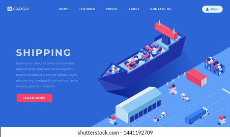 Commercial conveyance landing page vector template. Shipyard, harbor website homepage interface idea with isometric illustrations. Goods shipping business web banner, webpage cartoon concept