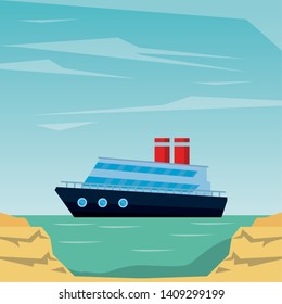 Commercial cruiseship vacation leisure trip sea travel and exploration peninsula shore background vector illustration graphic design