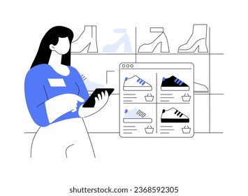 Commercial customer data, abstract concept vector illustration. Woman looks at store website on her smartphone, marketing strategy, combine and process data, IT technology abstract metaphor.