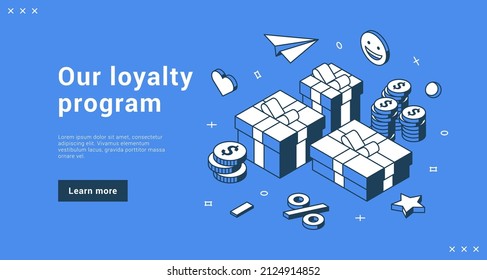 Commercial customer loyalty program landing page promo isometric vector illustration. Digital marketing business sale, discount, money refund, cashback, special offer, black friday retail strategy