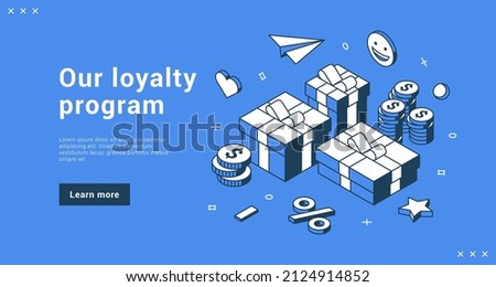 Commercial customer loyalty program landing page promo isometric vector illustration. Digital marketing business sale, discount, money refund, cashback, special offer, black friday retail strategy