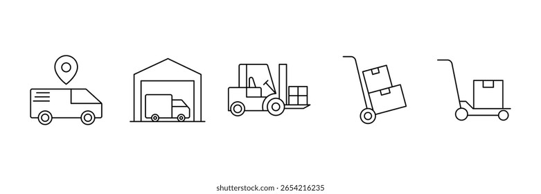 Entrega comercial transporte de carga armazém empilhadeira carrinho de transporte logístico distribuição veículo ícone vetor ilustração conjunto.