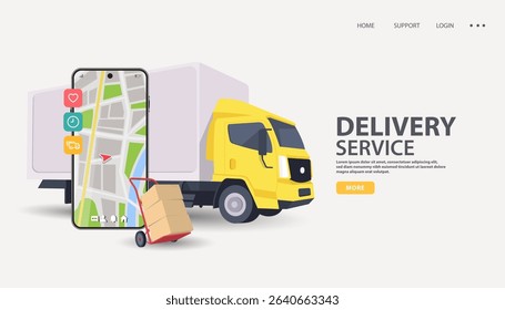 Commercial delivery yellow van with cardboard boxes on yellow background. Delivery order service company transportation box business background with van truck
