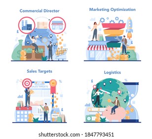 Commercial director concept set. Business planning and sales growth. Sales targeting and marketing optimization concept. Vector illustration in cartoon style