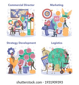 Commercial director concept set. Sales manager developing business plan and promotion strategy. Comercial operations and profit growth. Vector flat illustration