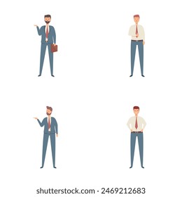 Commercial director icons set cartoon vector. Male executive in business suit. Work, career