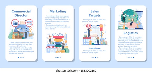 Commercial director mobile application banner set. Business planning and sales growth. Sales targeting and marketing optimization concept. Vector illustration in cartoon style