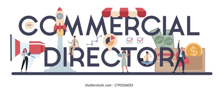 Commercial director or sales manager typographic header concept. Business planning and sales growth. Sales promotion and comercial operations concept. Vector illustration in cartoon style