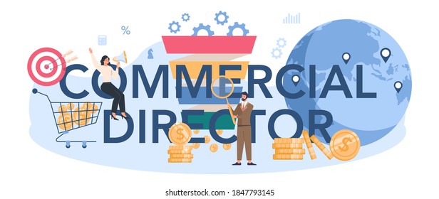 Commercial director typographic header. Business planning and sales growth. Sales targeting and marketing optimization concept. Vector illustration in cartoon style