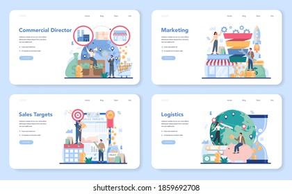 Commercial Director Web Banner Or Landing Page Set. Business Planning And Sales Growth. Sales Targeting And Marketing Optimization Concept. Vector Illustration In Cartoon Style