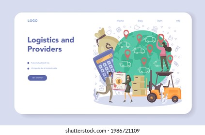 Commercial director web banner or landing page. Sales manager optimize logistic. Idea of transportation and distribution. Loader in uniform delivering a cargo. Vector flat illustration