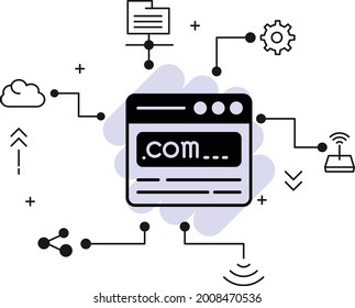 commercial domain registeration concept, dot com domain url vector Icon design, Cloud computing and Web hosting services Symbol, Tld .com register concept, Domain Registerar stock illustration