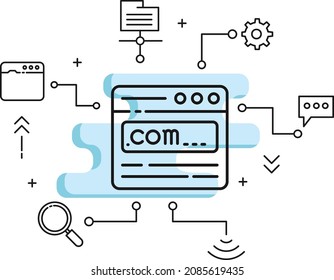 commercial domain registration concept, dot com domain url vector Icon design, Cloud computing and Web hosting services Symbol, Tld .com register concept, Domain Registrar stock illustration, 