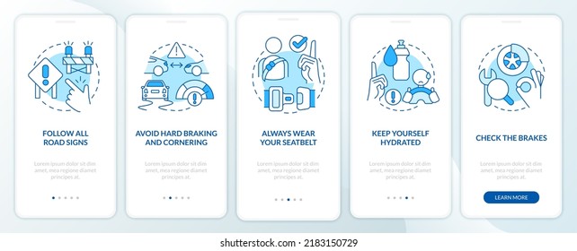 Commercial drivers safety blue onboarding mobile app screen. Walkthrough 5 steps editable graphic instructions with linear concepts. UI, UX, GUI template. Myriad Pro-Bold, Regular fonts used