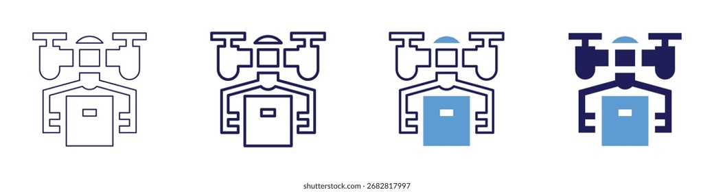 Icono de dron comercial en 4 estilos diferentes. Línea delgada, línea, línea en negrita, duotono. Estilo duotono. Trazo editable.