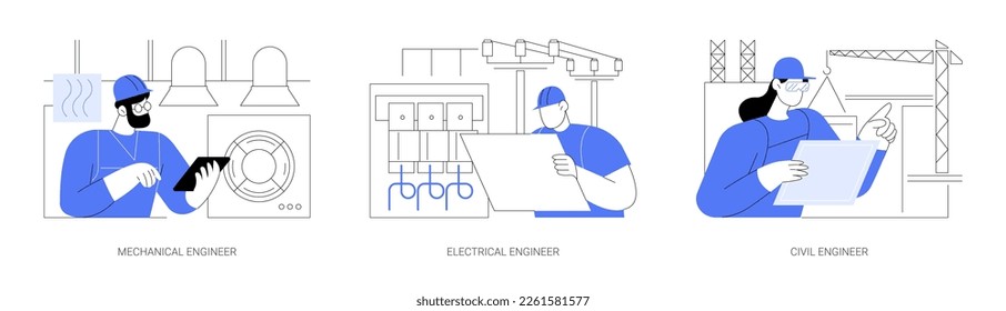 Commercial engineering abstract concept vector illustration set. Mechanical engineer, general electrical contractor in helmet, civil engineer planning, construction maintenance abstract metaphor.