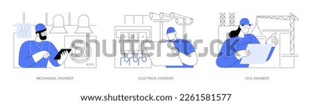Commercial engineering abstract concept vector illustration set. Mechanical engineer, general electrical contractor in helmet, civil engineer planning, construction maintenance abstract metaphor.